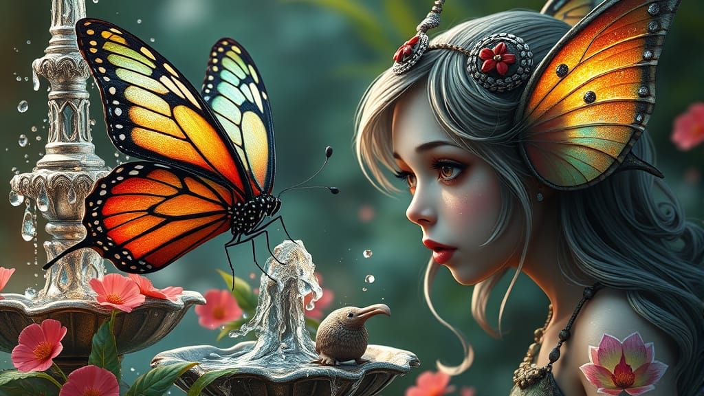 Hyperrealistic Butterfly Elf with Fountain and Flowers