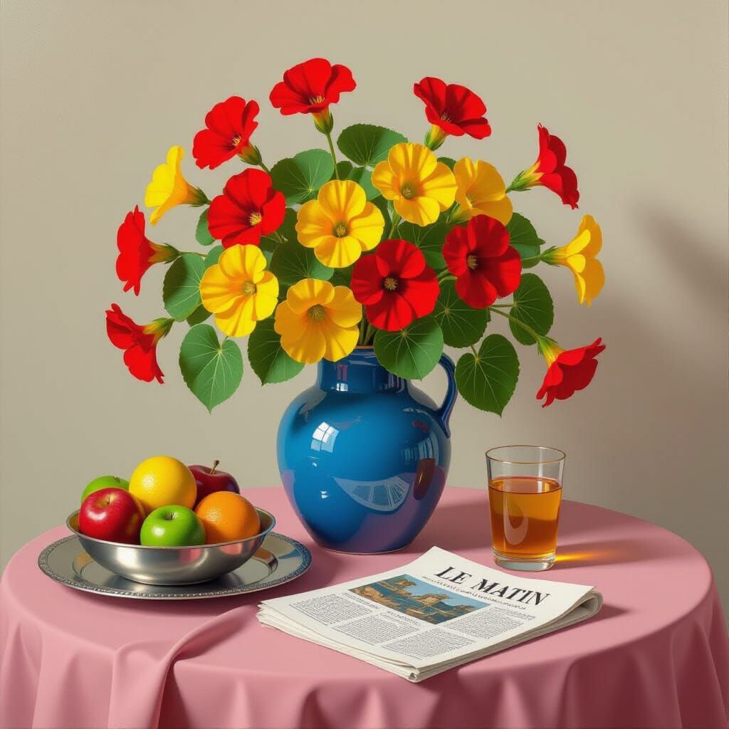 Nasturtium Still Life Painting with Fruit and Newspaper