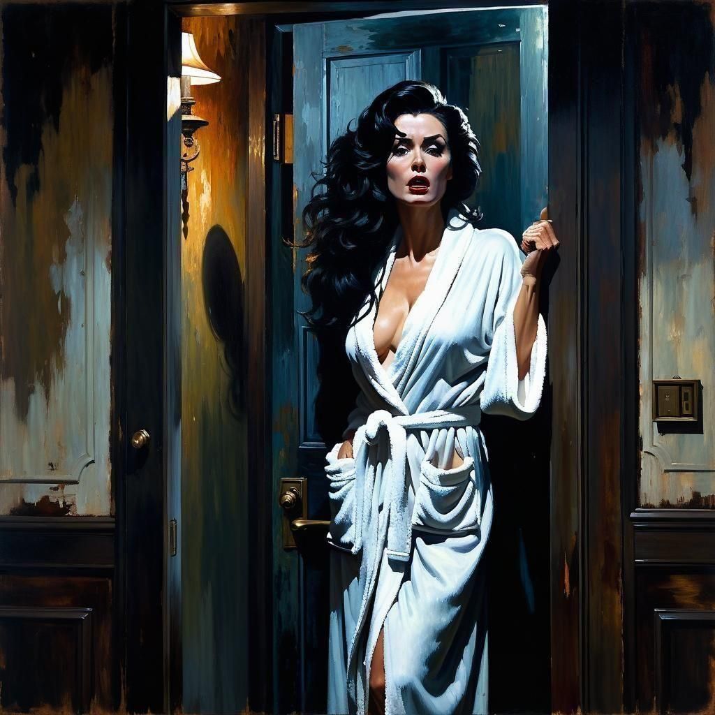 Frightened Woman in Spooky House: Impressionistic Oil Painti...