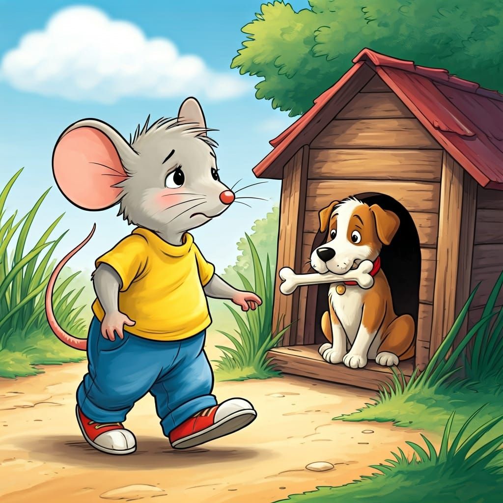 Mouse Approaching Doghouse in Whimsical Cartoon Style