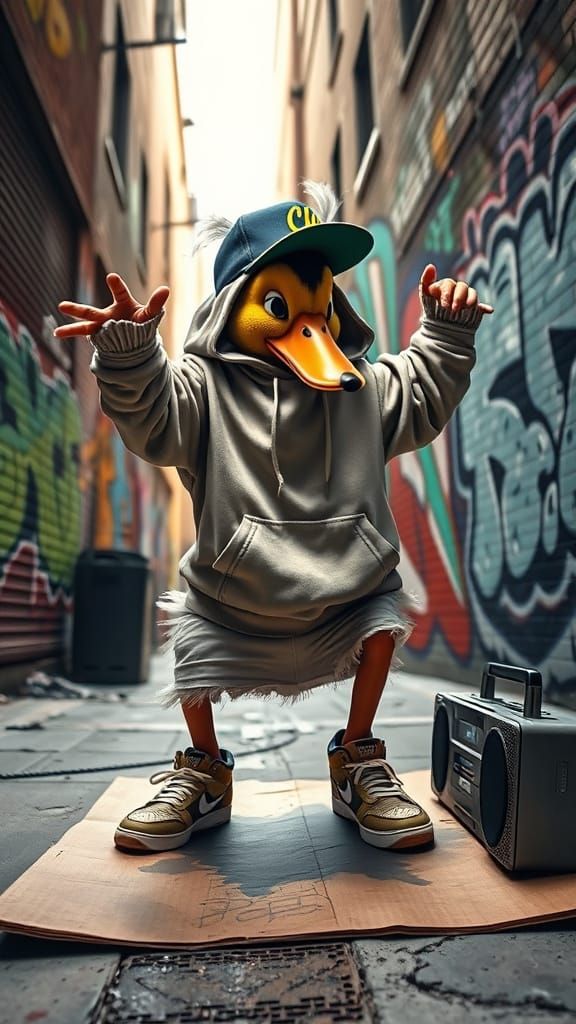 Streetwear Duckling Breakdancing in Gritty Alley