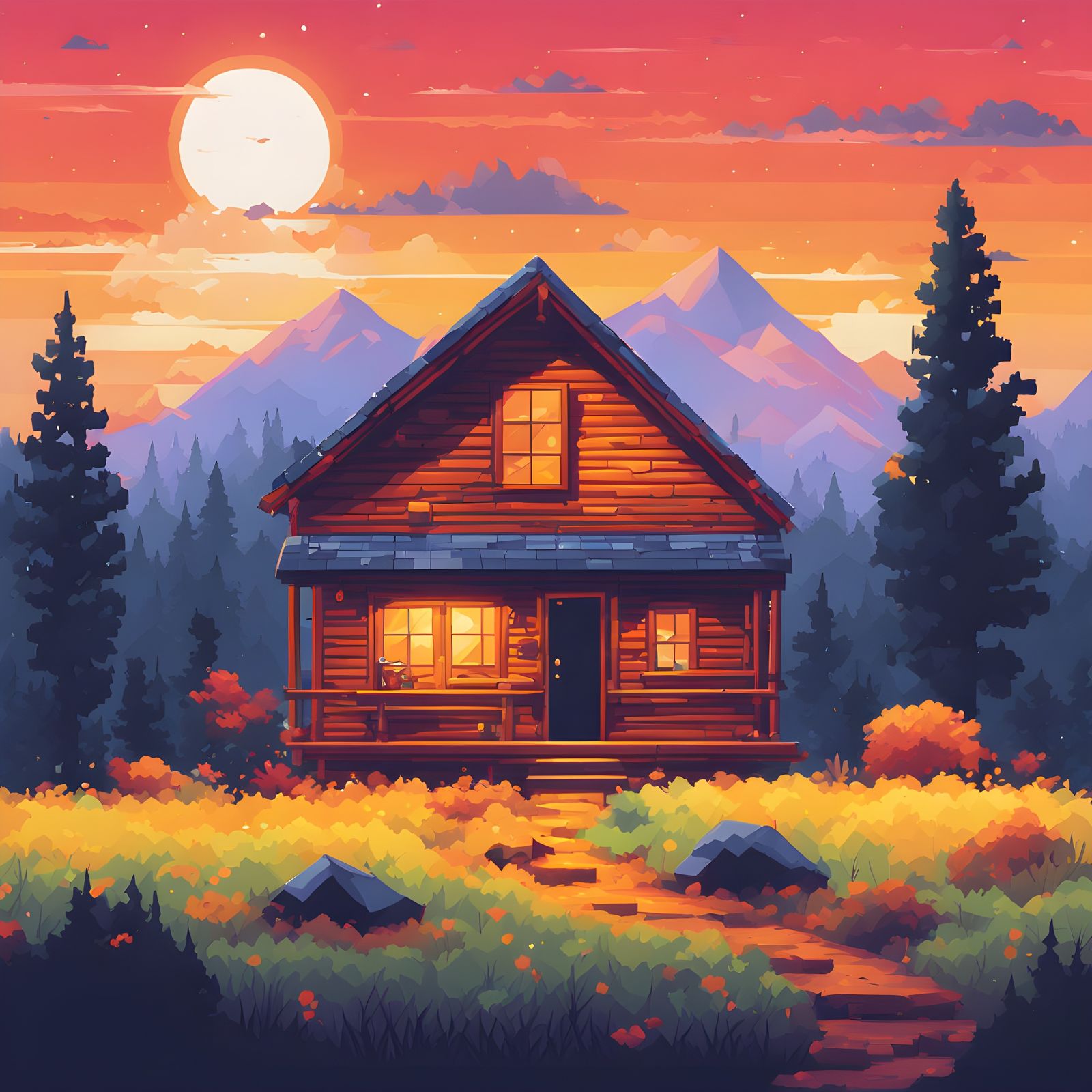 Vibrant 16-bit Mountain Panorama with Pixel Art Cabin