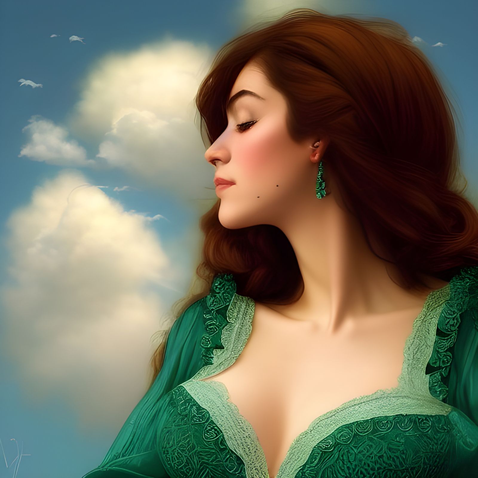 Brunette in Green Lace Dress, Digital Art Portrait