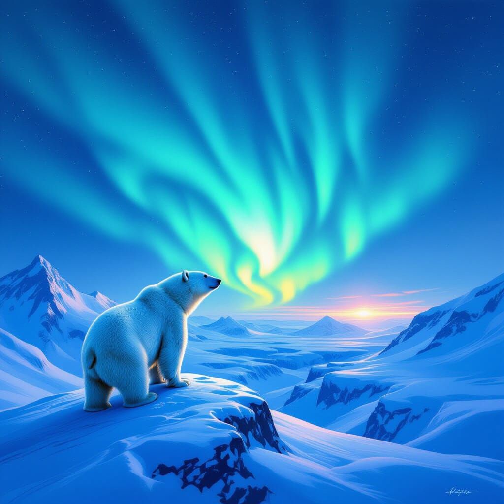 Majestic Polar Bear Under Aurora Sky on Snowy Peak