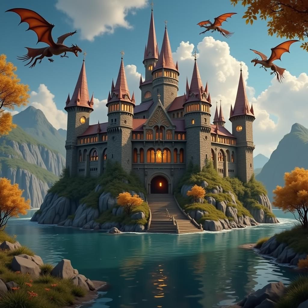 Magical School with Dragons and Elemental Emblems