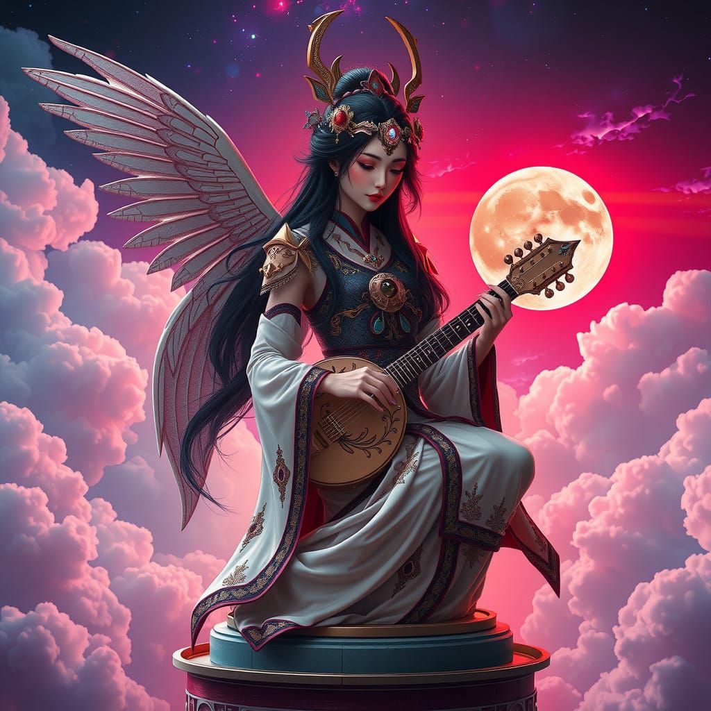 Ethereal Geisha Angel Reigns in Cosmic Landscape with Bright...