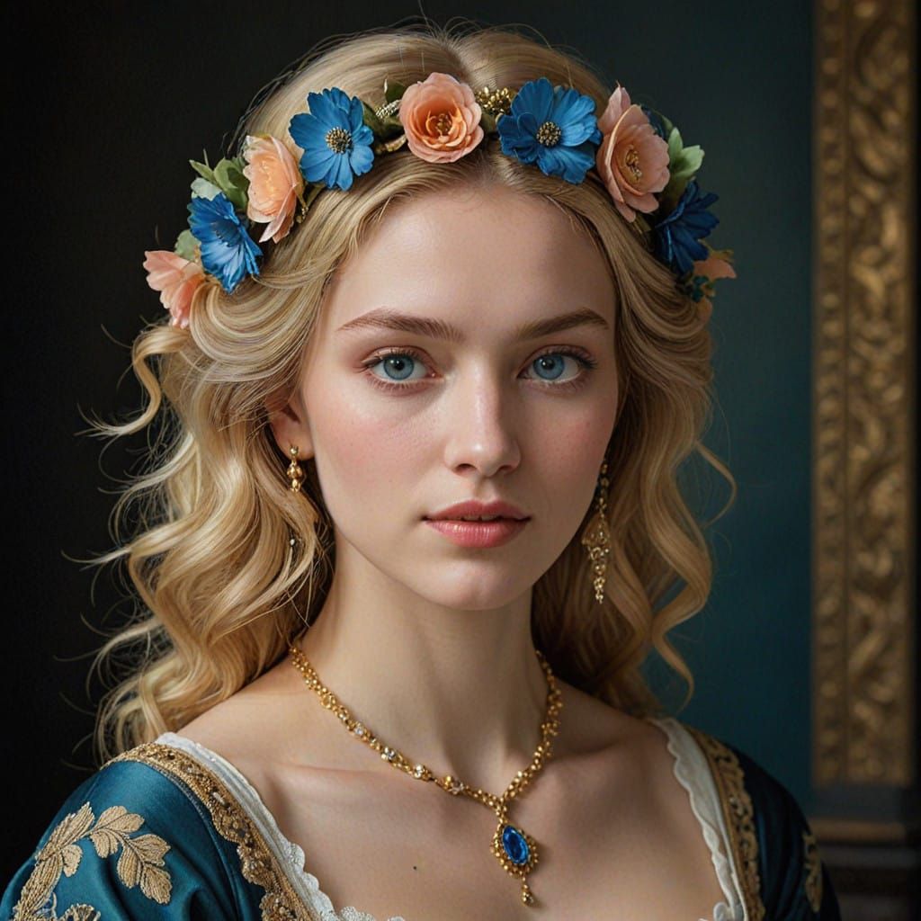 Elegant Baroque Goddess with Golden Crown and Necklace