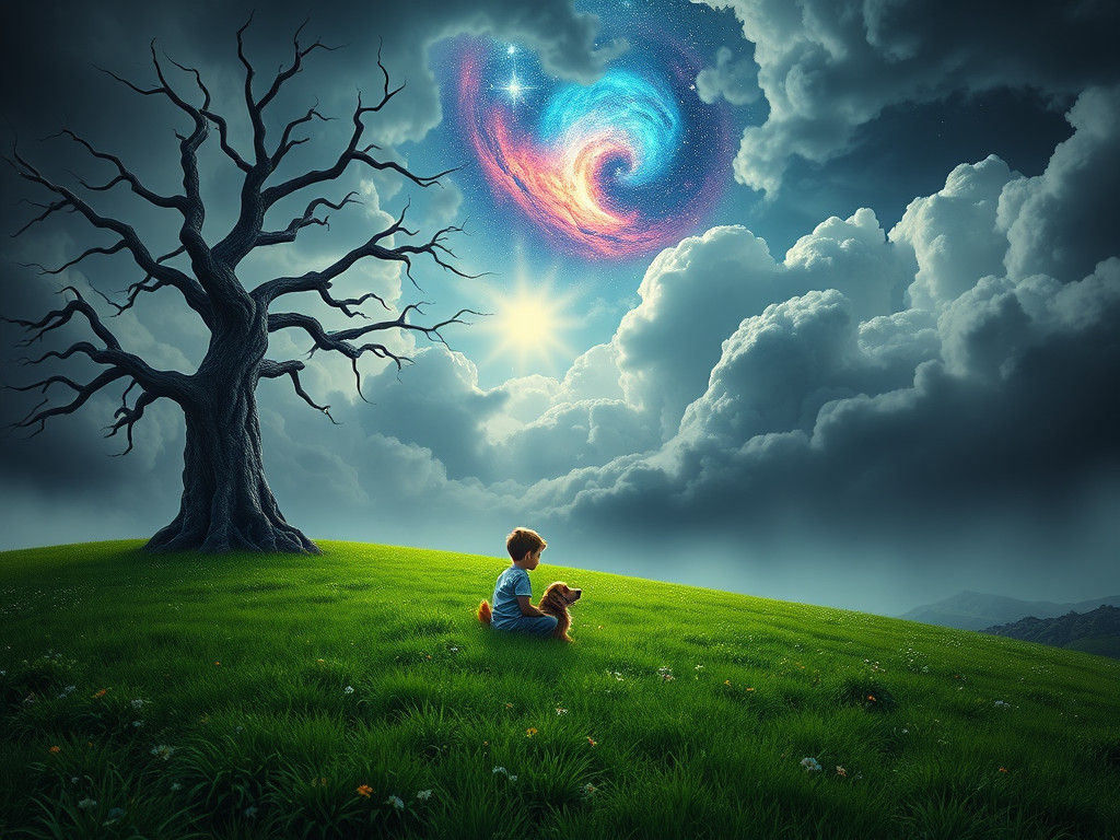 Boy and Dog Watching Stormy Nebula in Meadow