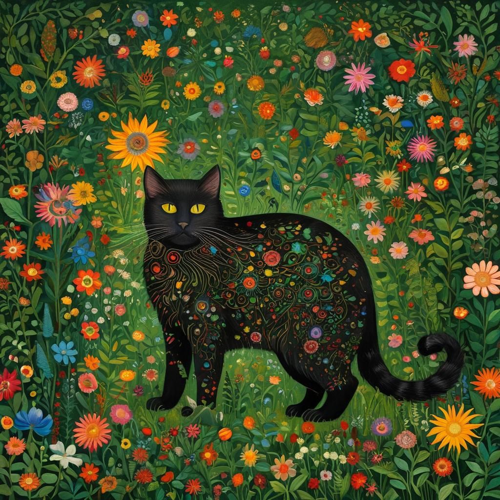 Electronic Circuit Cat in Whimsical Flower Garden