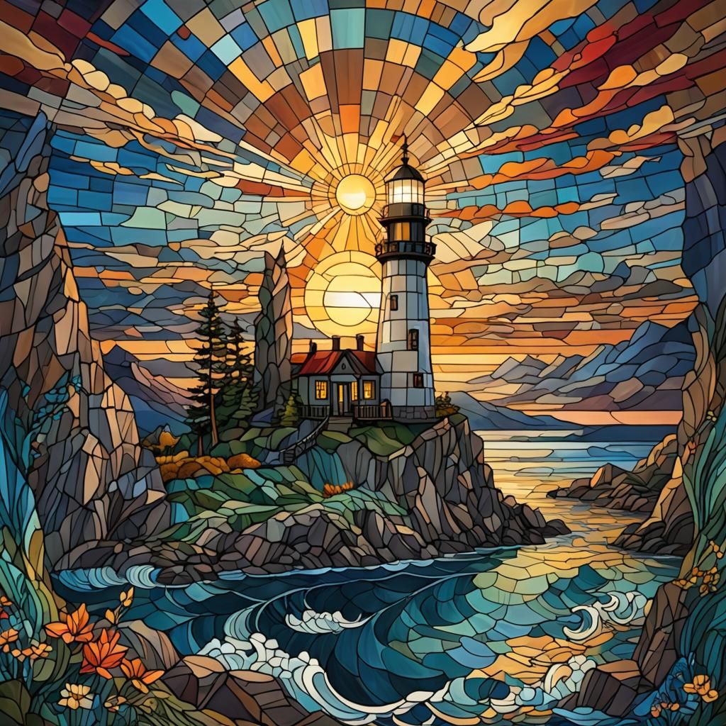 Surreal Sunset Lighthouse on Cliff with Majestic Lake