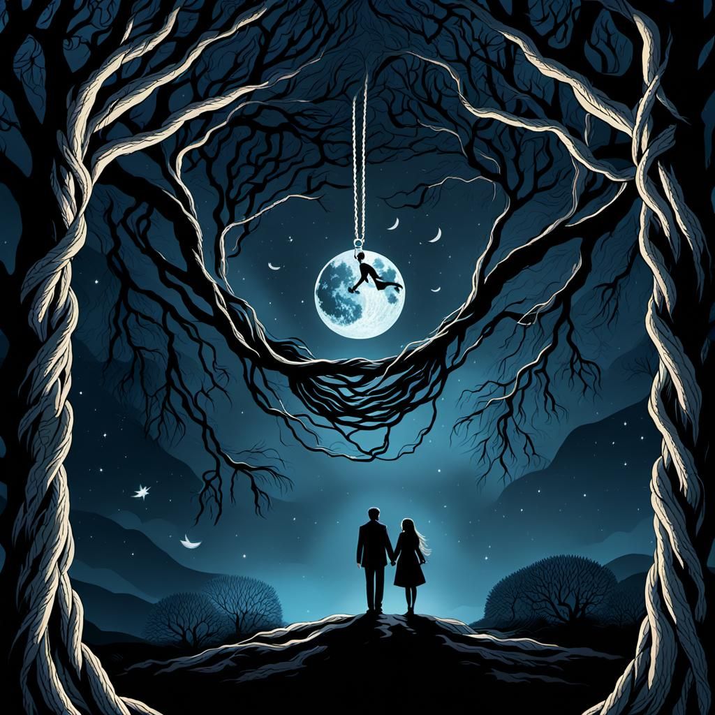 Lovers Holding Hands at Midnight in Mystic Hanging Tree