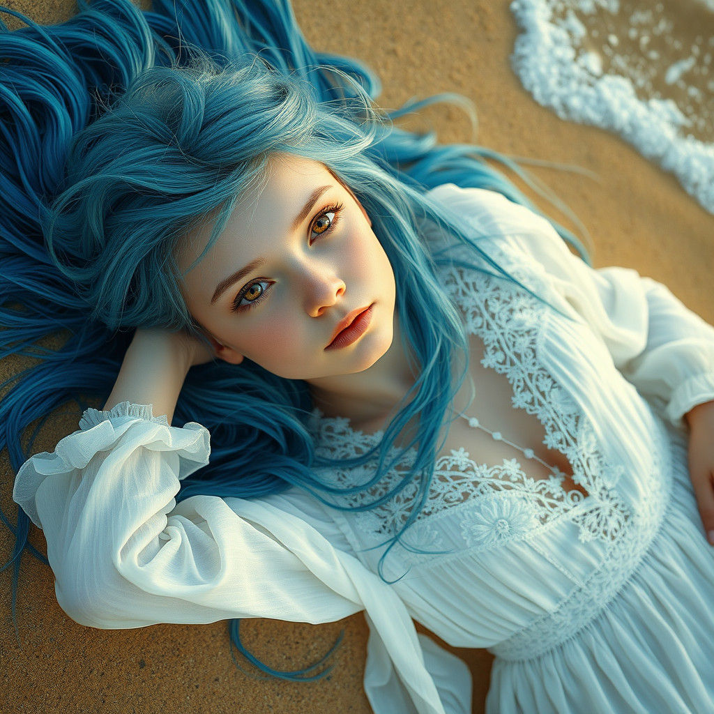 Girl with Blue Hair on Golden Sand Beach