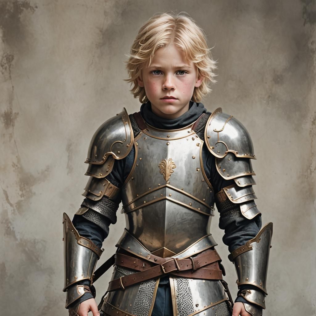 Young Blond Warrior Boy in Full Armor