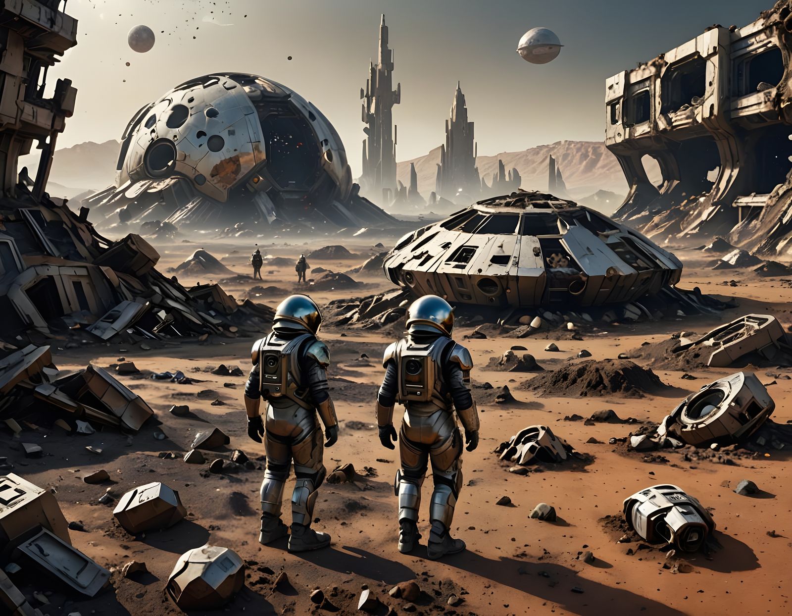 Barren Alien Planet with Wrecked Spaceship in Hyperrealism