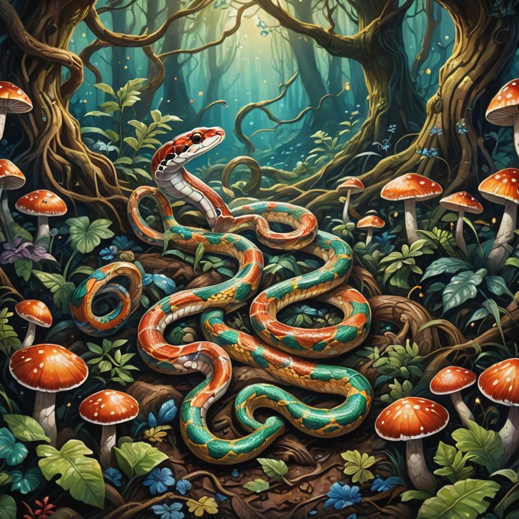 Corn Snake in Mystical Forest: Oil Painting