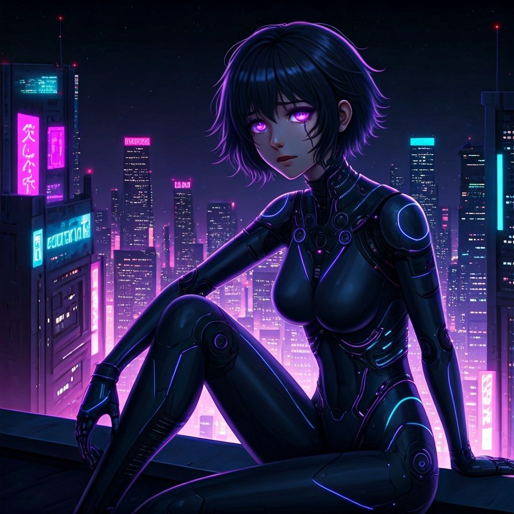 Melancholic Cyborg in Cyberpunk City at Night
