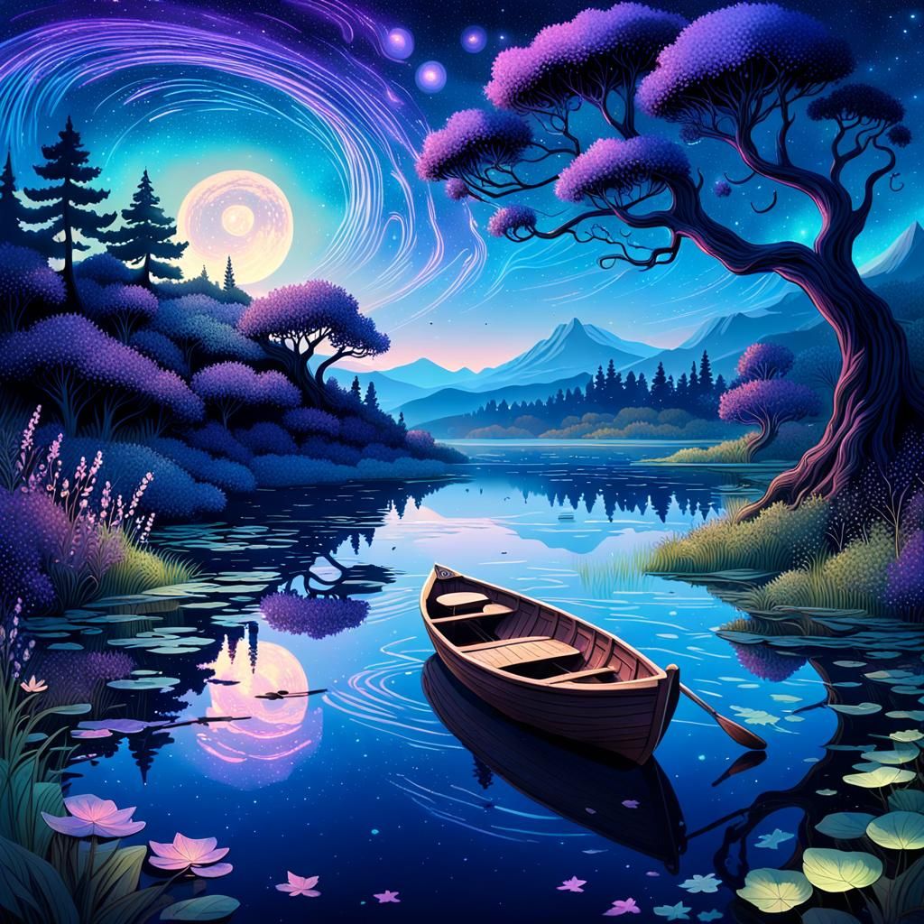 Bioluminescent Lake at Twilight: Fantasy Concept Art