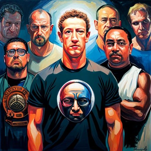 Aggressive Muscular Man Dominating MMA Fight as Oil Painting