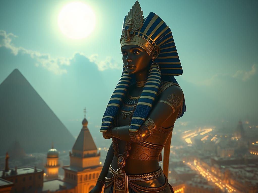 Egyptian Goddess Above Ancient Memphis in Cosmic Digital Art