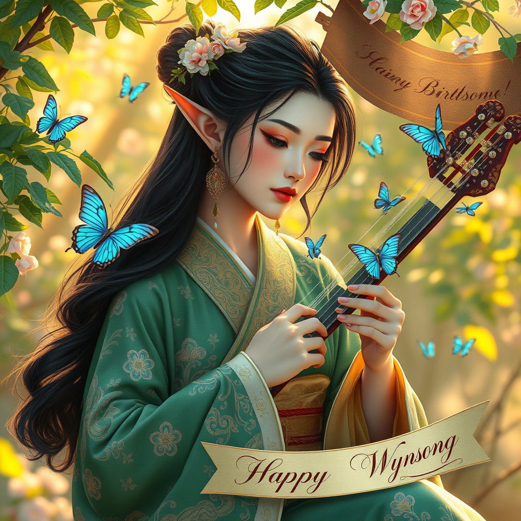 Elven Princess Plays Sanshin in Hyperdetailed Fantasy Scene