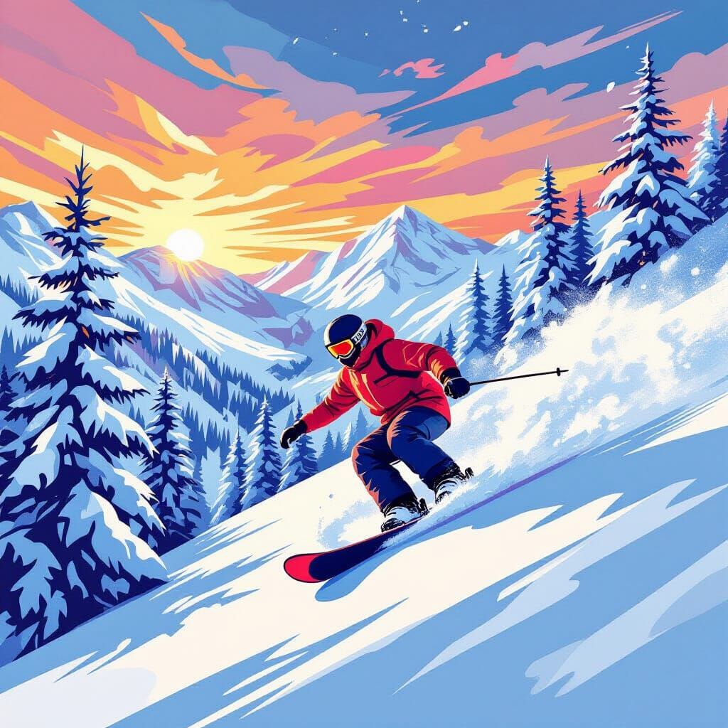 Snowboarder Action on Snowy Mountain in Stylized Illustratio...