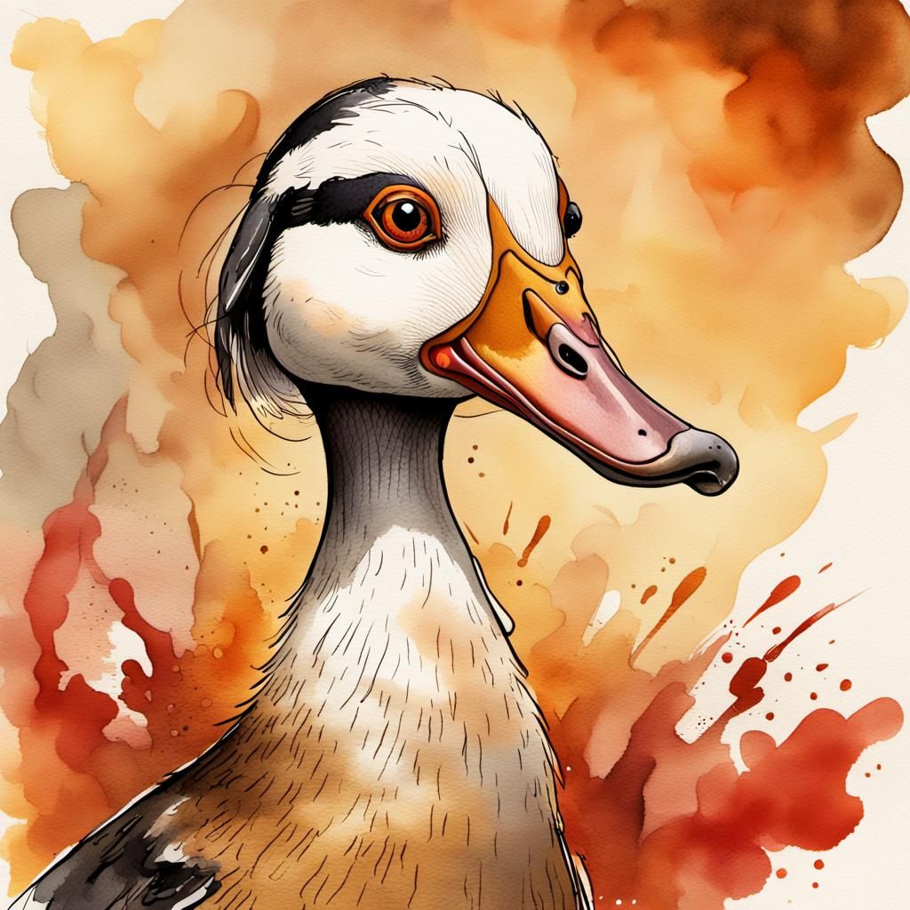 Angry Runner Duck Caricature in Farmyard Scene
