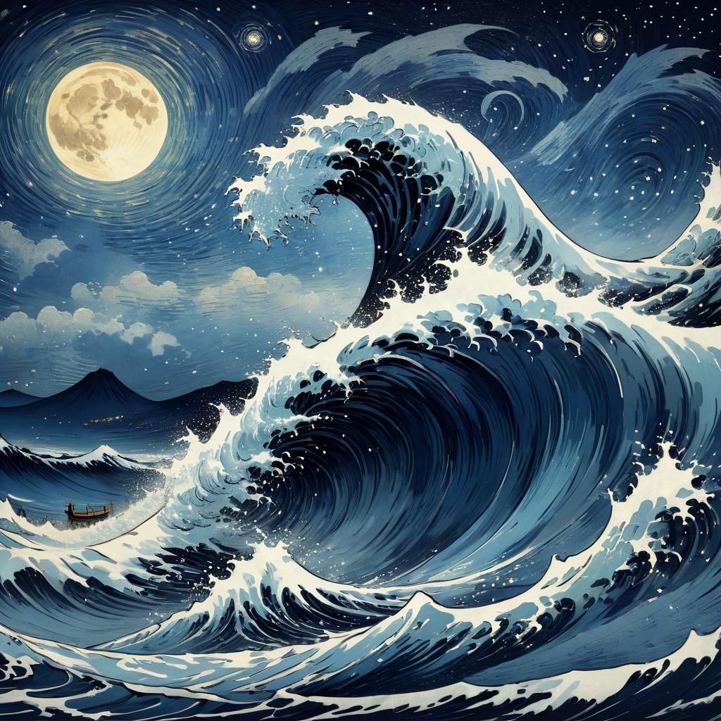 Great Wave Ukiyo-e with Starry Night Backdrop