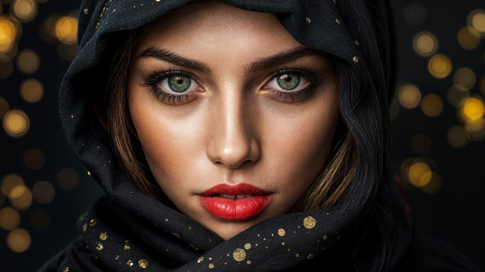 Woman in Hooded Garment with Gold Paint Splatters