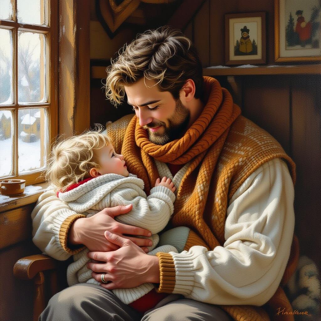 Man and Child in Whimsical Nostalgic Art