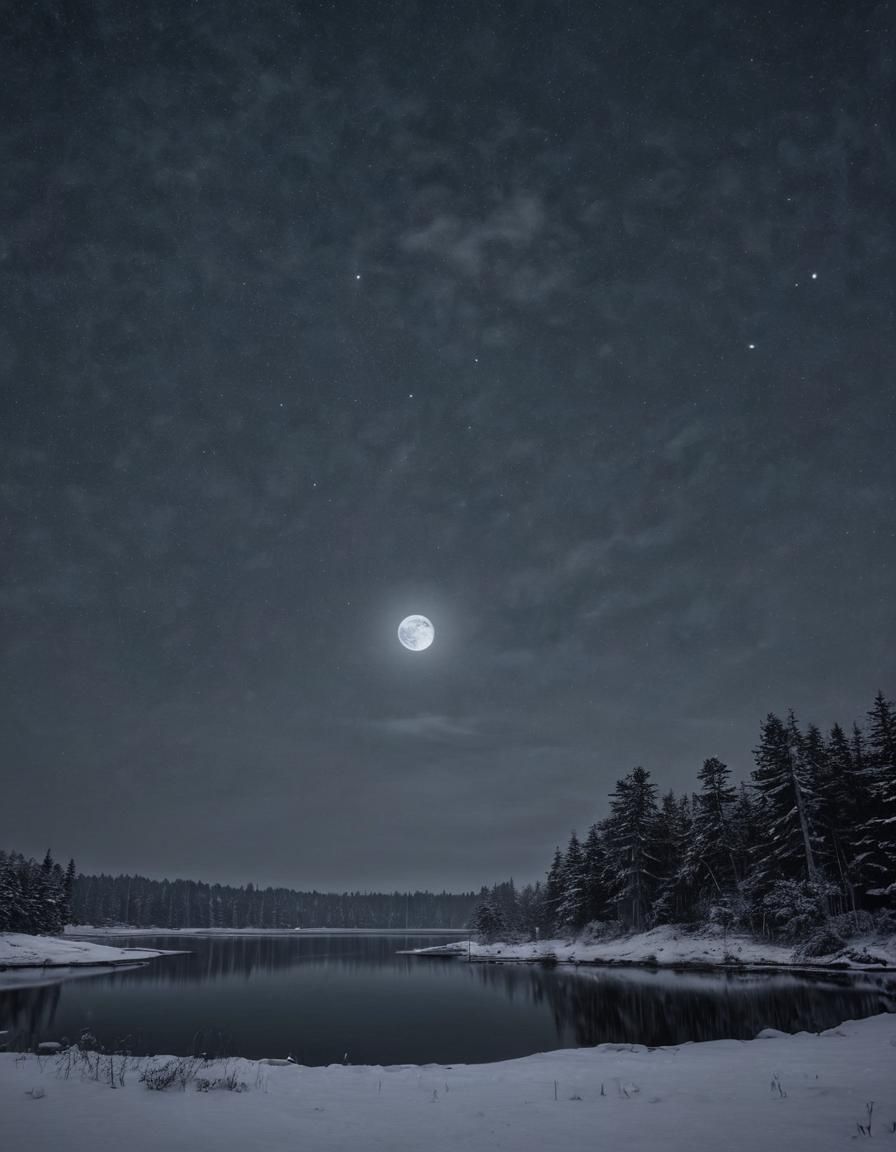 Hyperrealistic Moonlit Winter Sky Over Secluded Lake