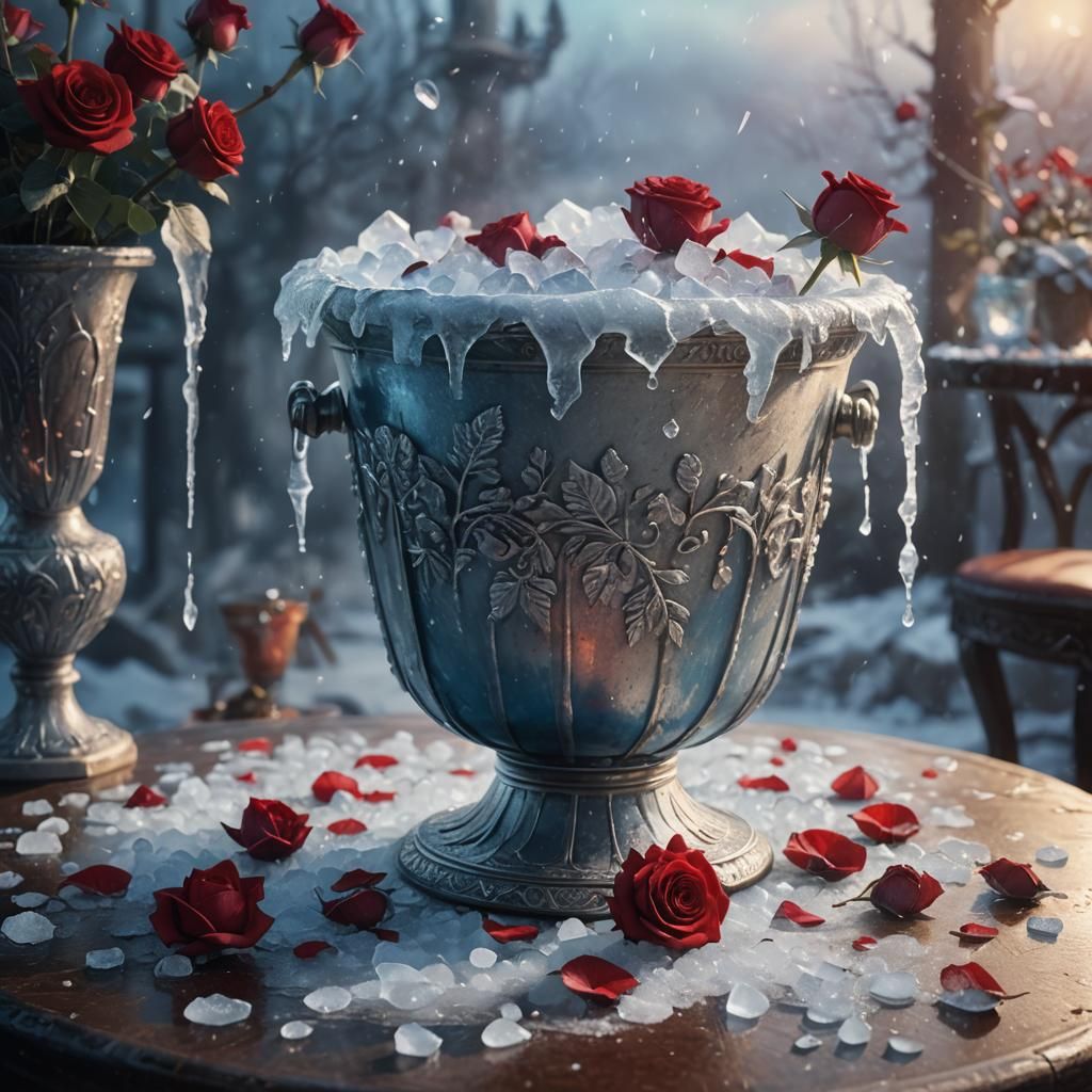Icy Roses: A Hyper-Realistic Art Nouveau Scene