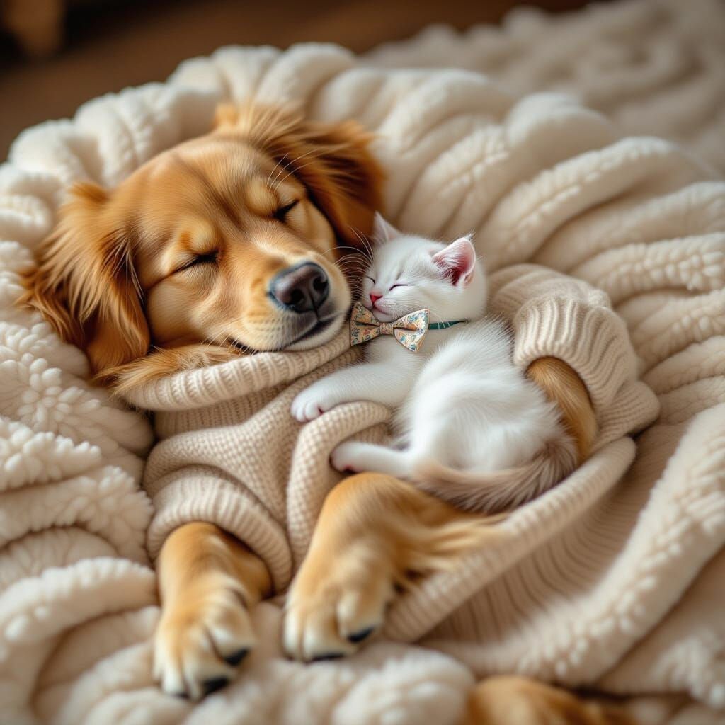 Golden Retriever and Kitten Napping in Cozy Scene