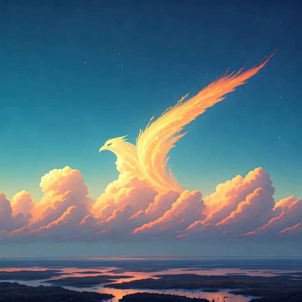 Surreal Cloudscape with Phoenix in Vibrant Colors