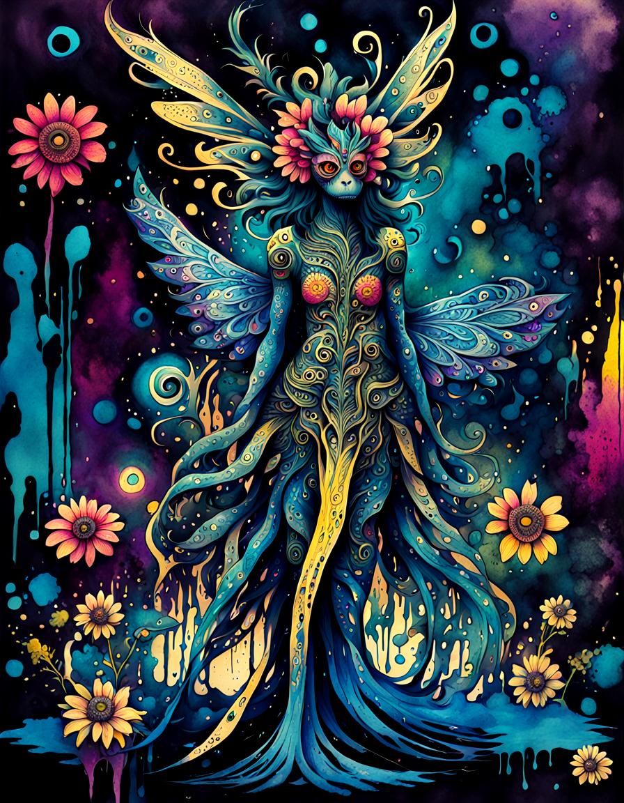 Psychedelic Ink Artwork of Plant Monster with Blossoms