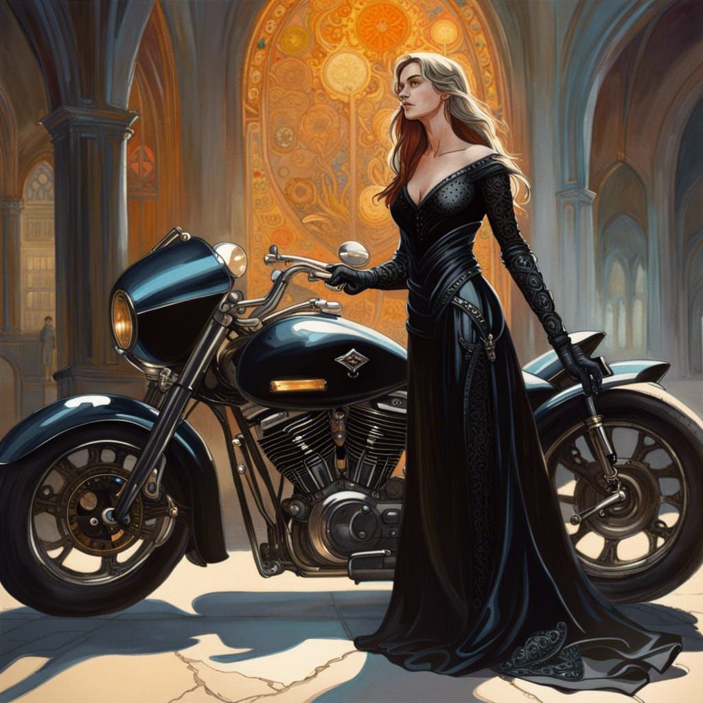 Medieval Princess and Motorcycle: Hyperrealistic Splash Art