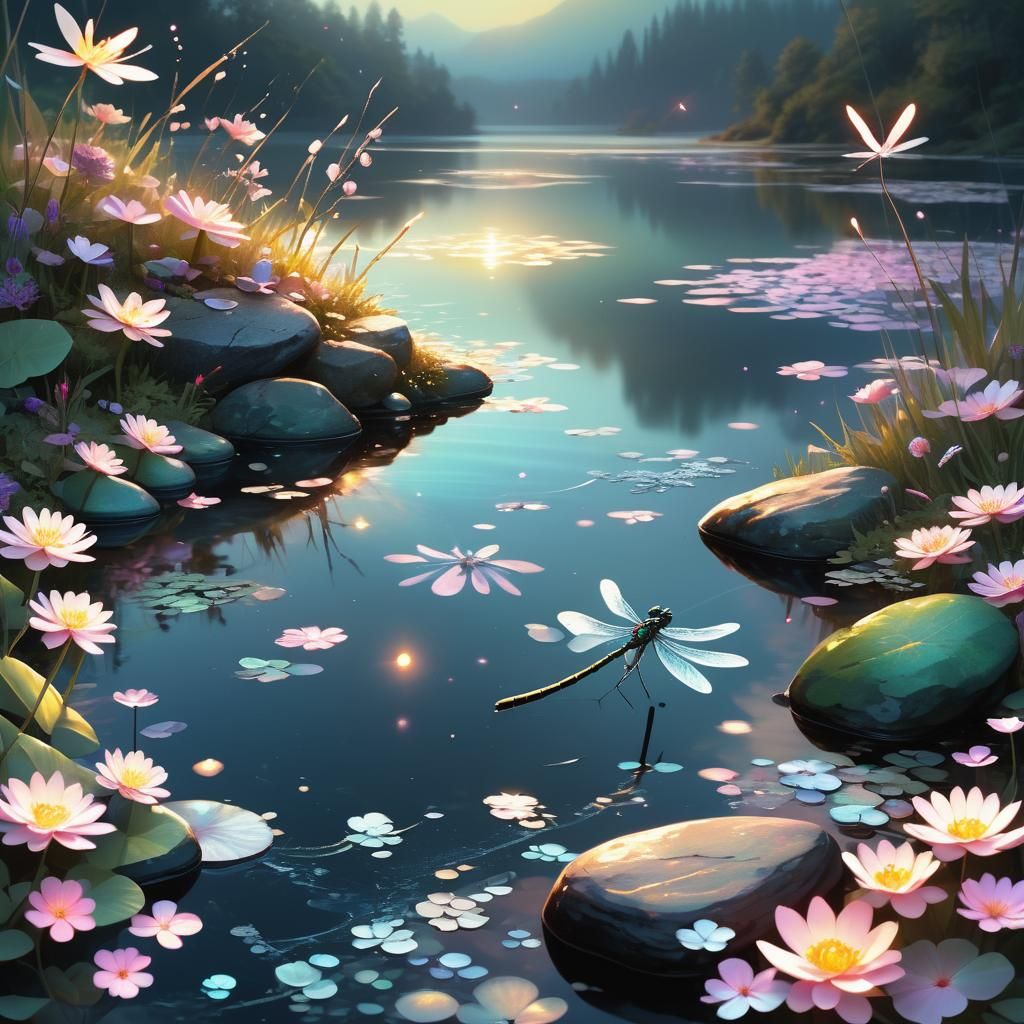 Mystical Lakeside Ritual with Dragonfly, Fantasy Illustratio...
