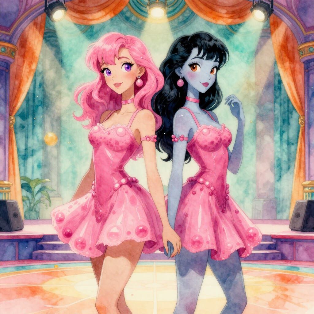 Alien Pop Stars on Girlypop Stage in Watercolor Style