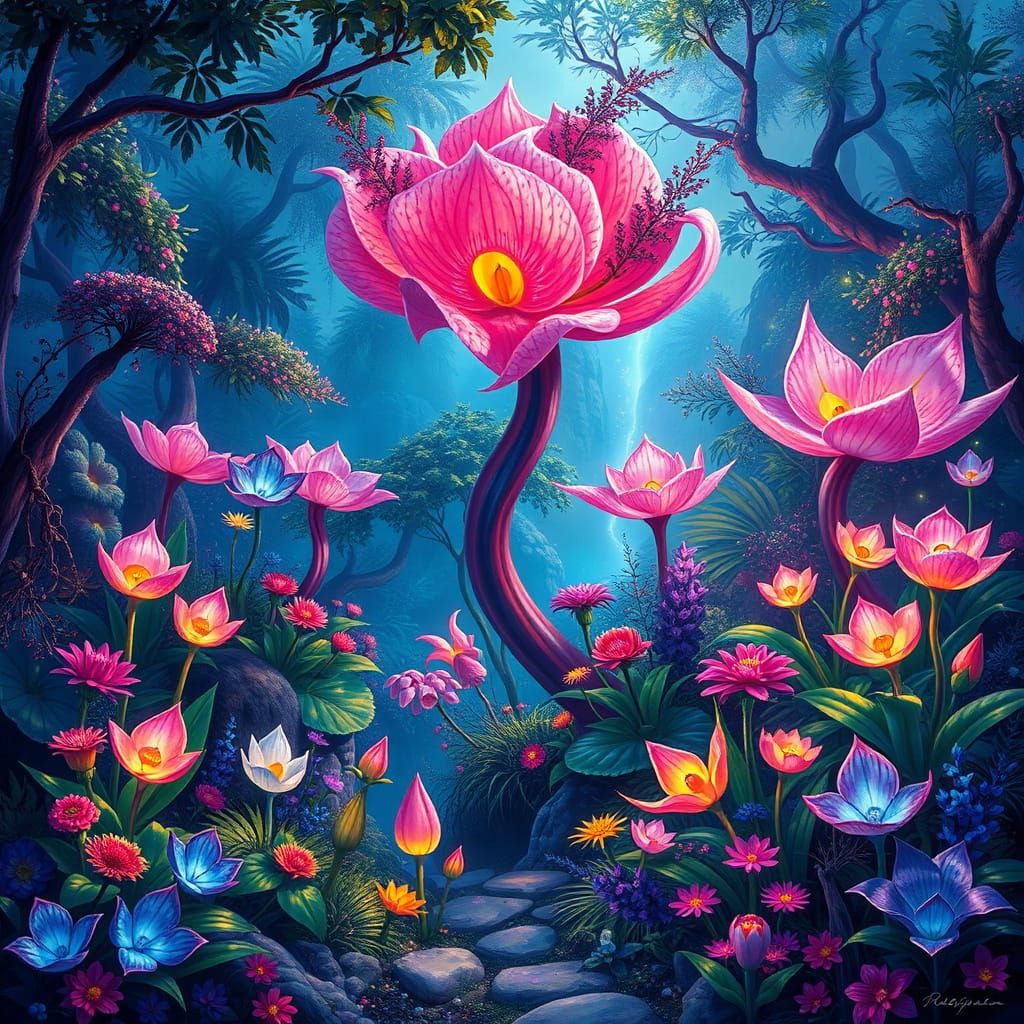 Dans un paysage féerique, des plantes spectaculaires de plusieurs couleurs et forme style AVATAR, hyperdétaillée de fant...