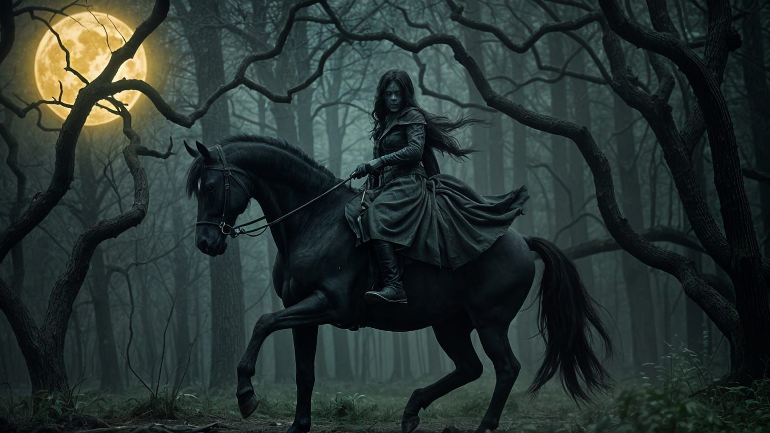 Ethereal Ghost Rider Emerges from Dark Forest