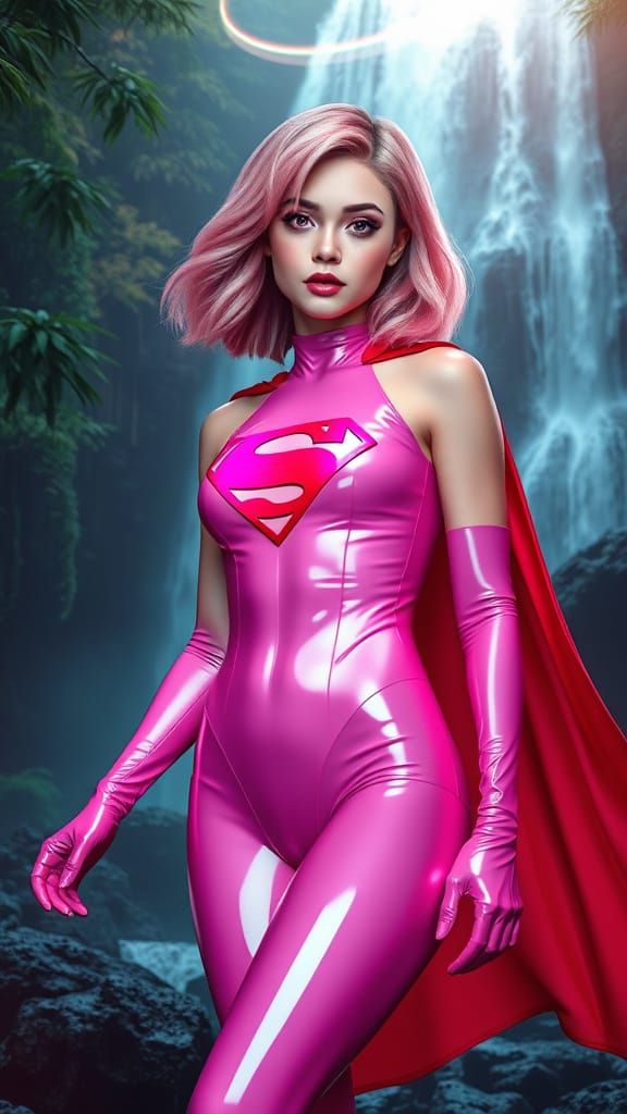 Strawberry-Blonde Model as Pink Latex Supergirl in Forest