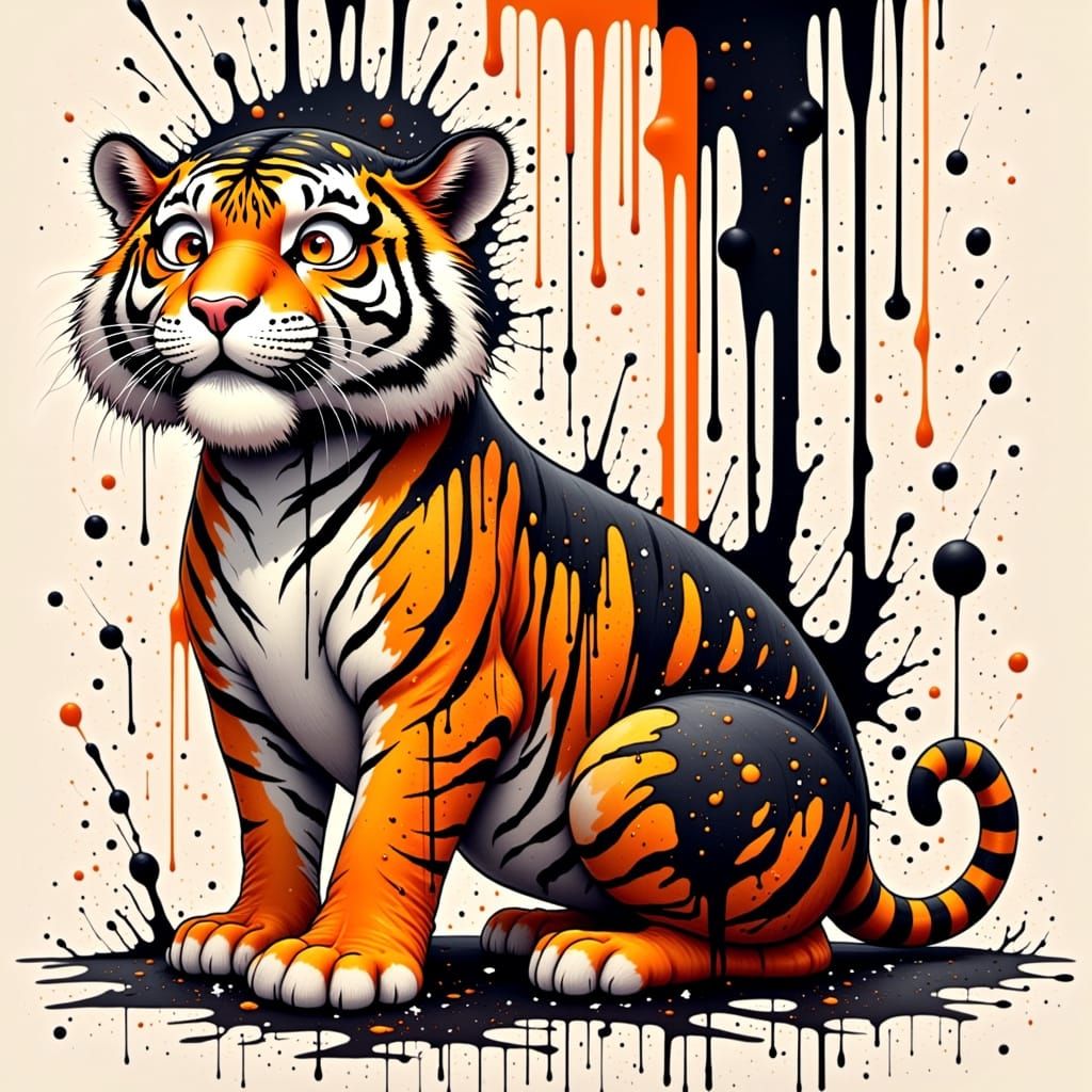 Surreal Cartoon Tiger Amidst Black Paint Splatters