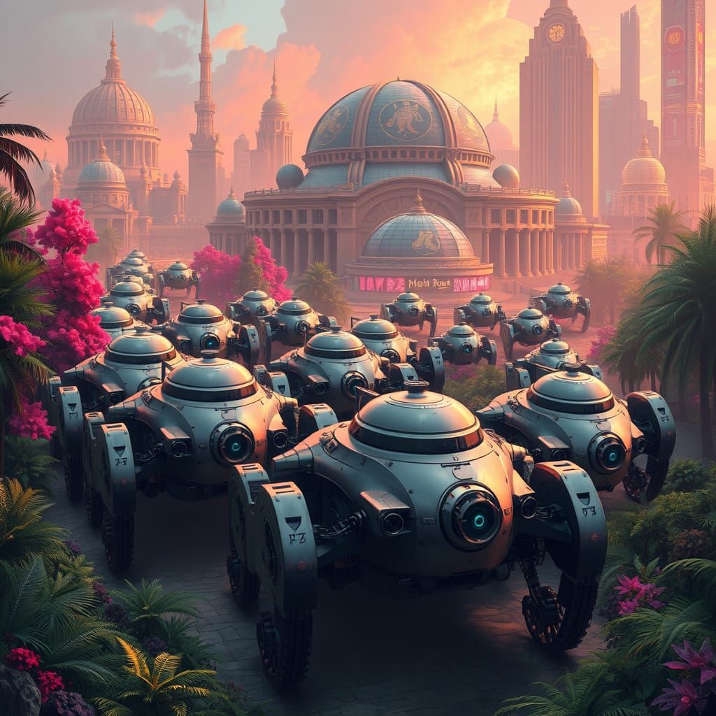 Cyberpunk Mechs March Through Futuristic Cityscape