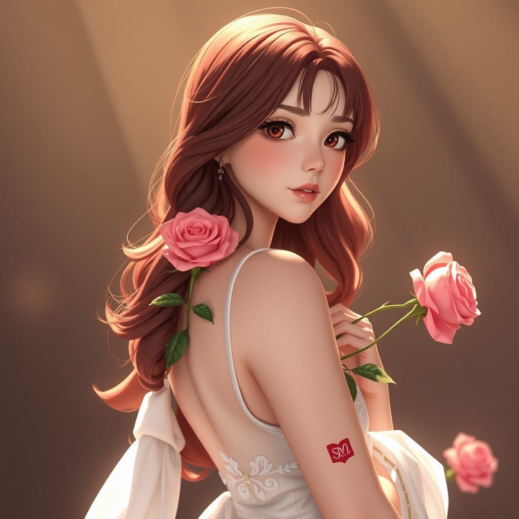 Elegant Blonde Girl in White Dress with Rose