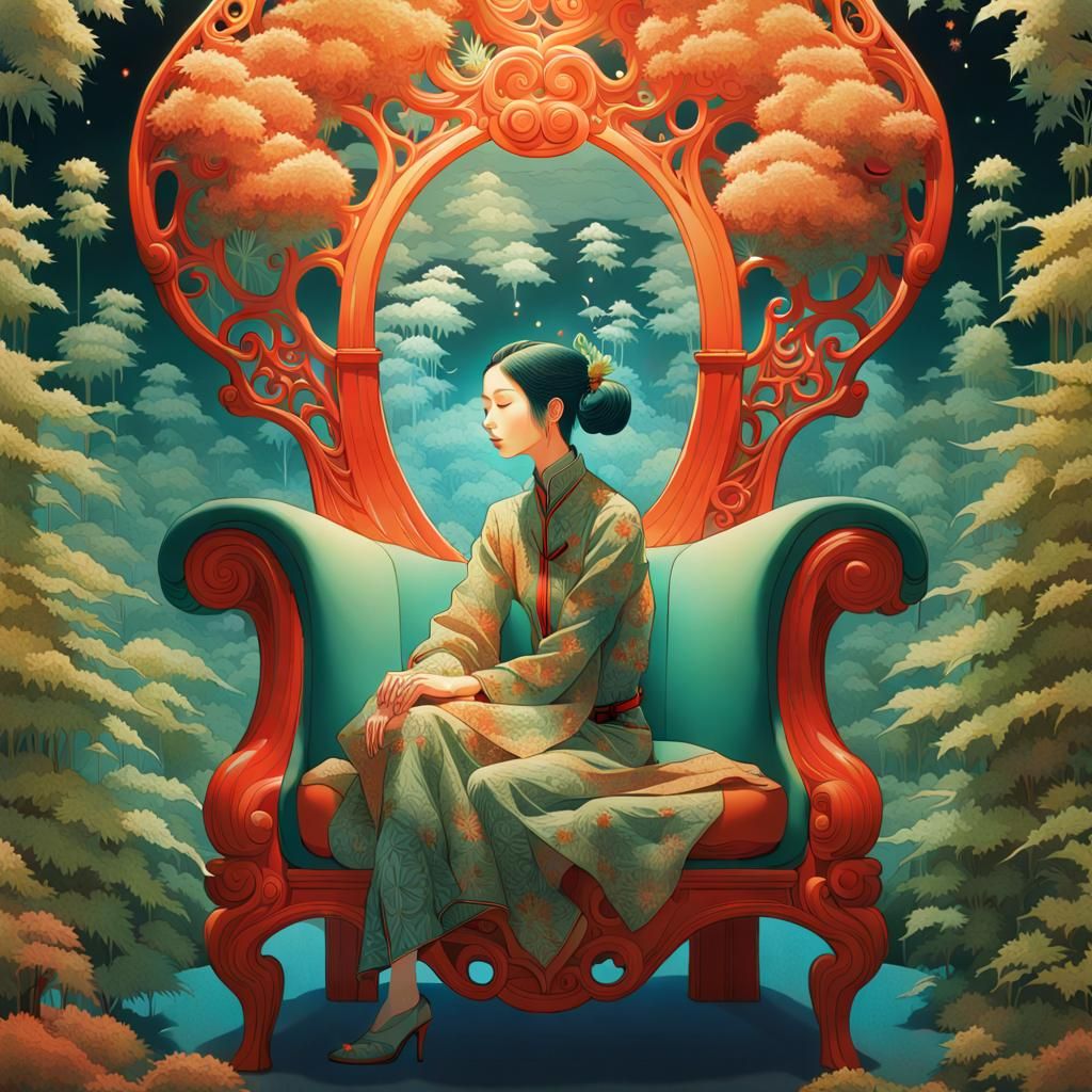 Woman in Surreal Cannabis Chair, Detailed Fairytale Art