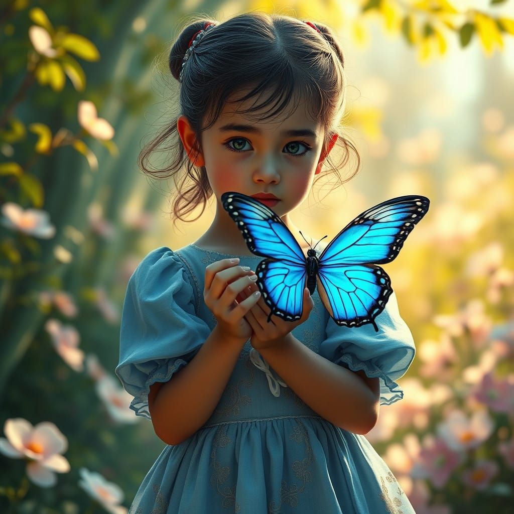 Little Girl in Whimsical Fantasy Scene with Iridescent Butte...