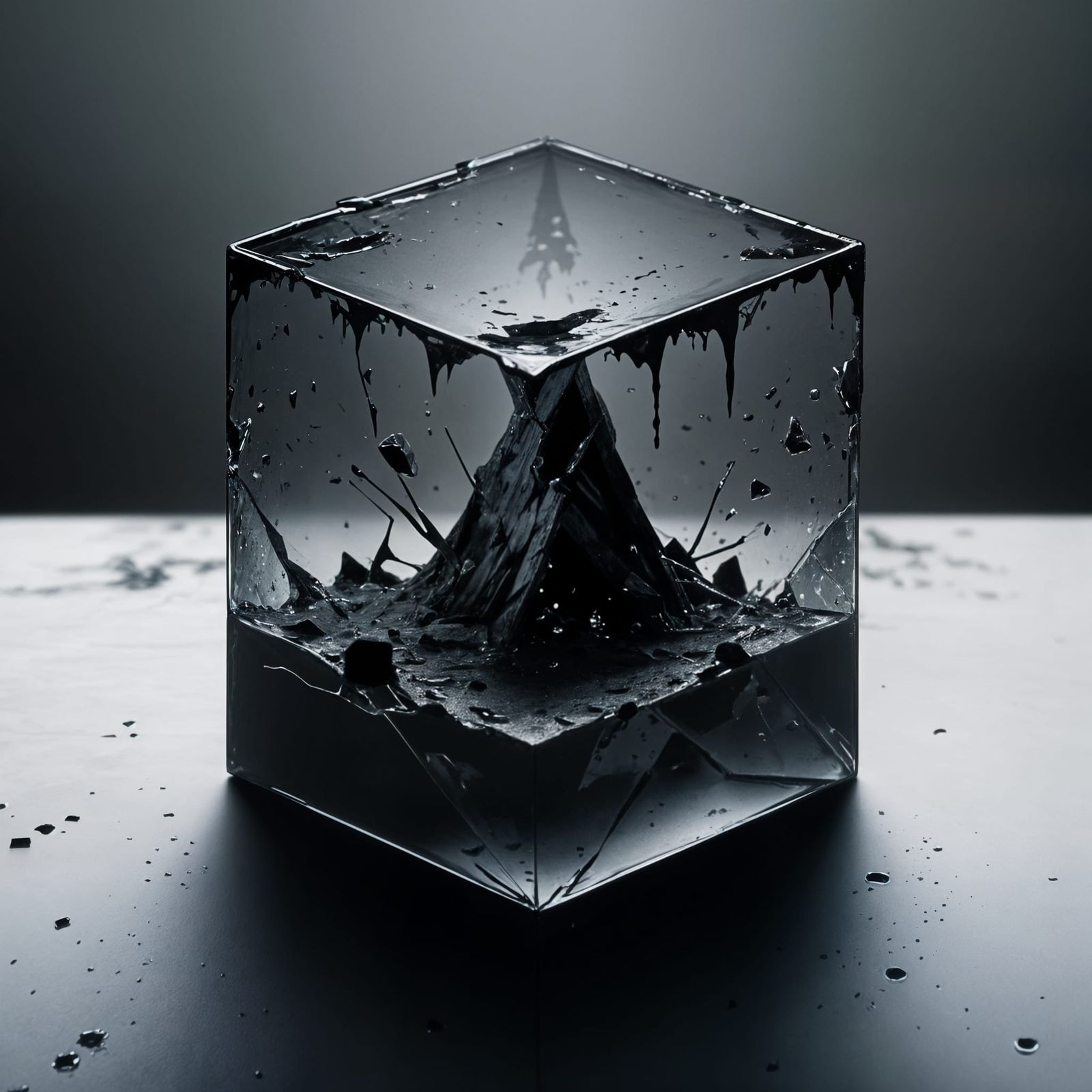 Shattered Glass Cube in a Void, Leaking Toxic Sludge