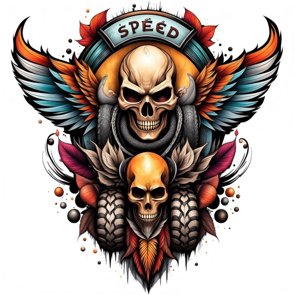 Bold Leather MC Patch Tattoo Design with Skull and Race Bugg...