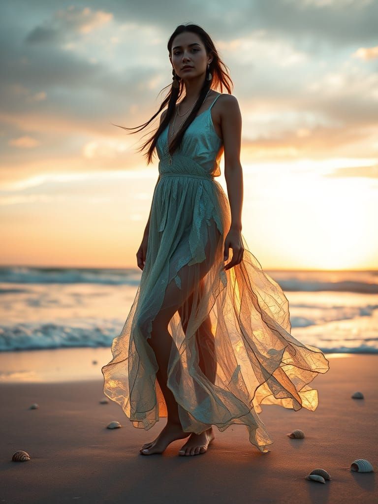 An ethereal native american woman stands on a windswept beac...