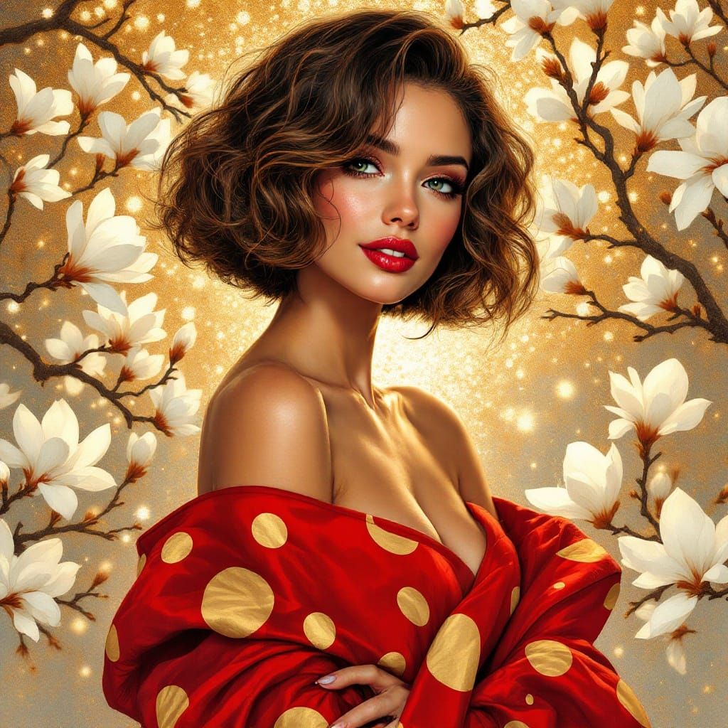 Hyper Realistic Portrait of a Woman in a Dramatic Red Gown