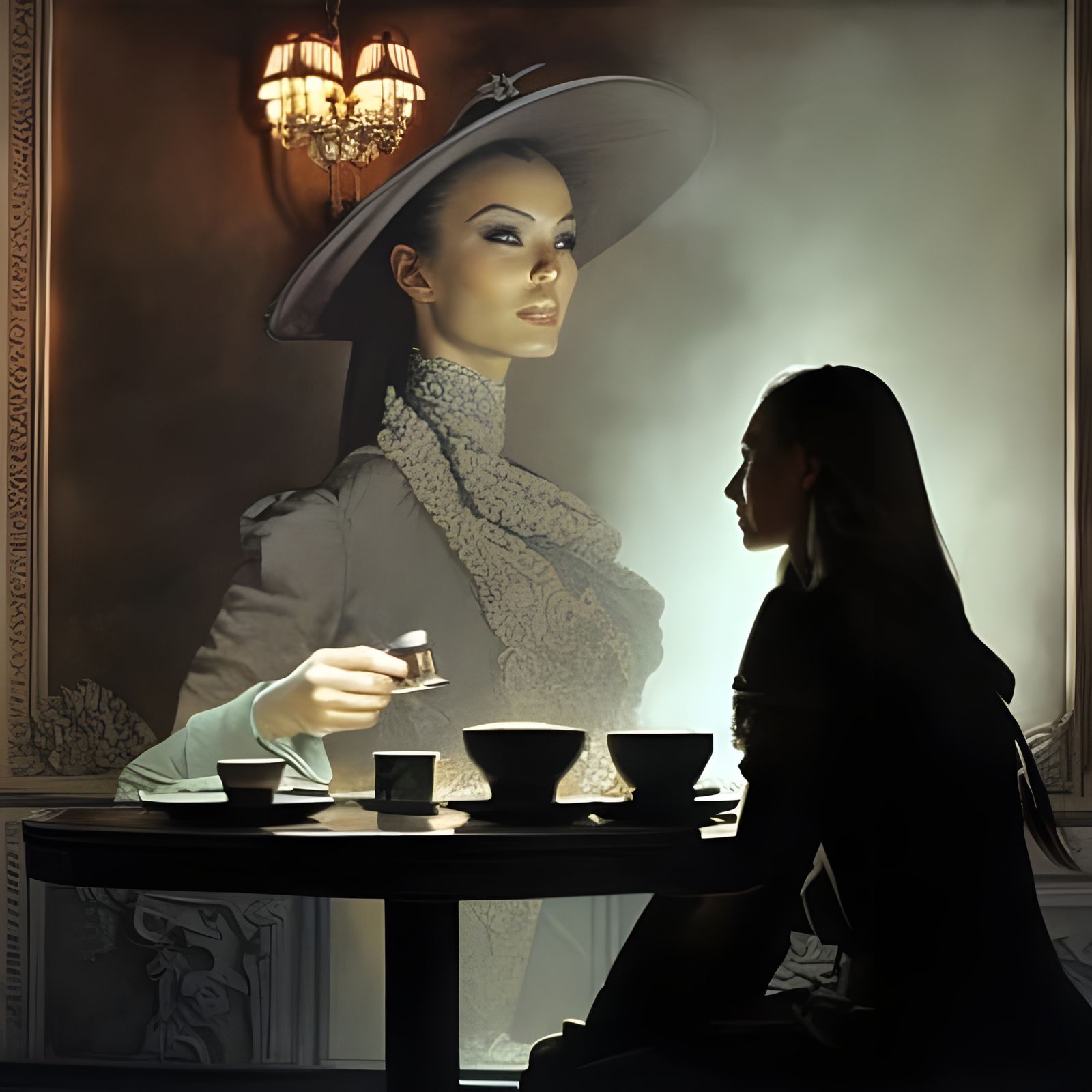 Beautiful Woman Enjoying Tea in Cafe: Photorealistic Portrai...